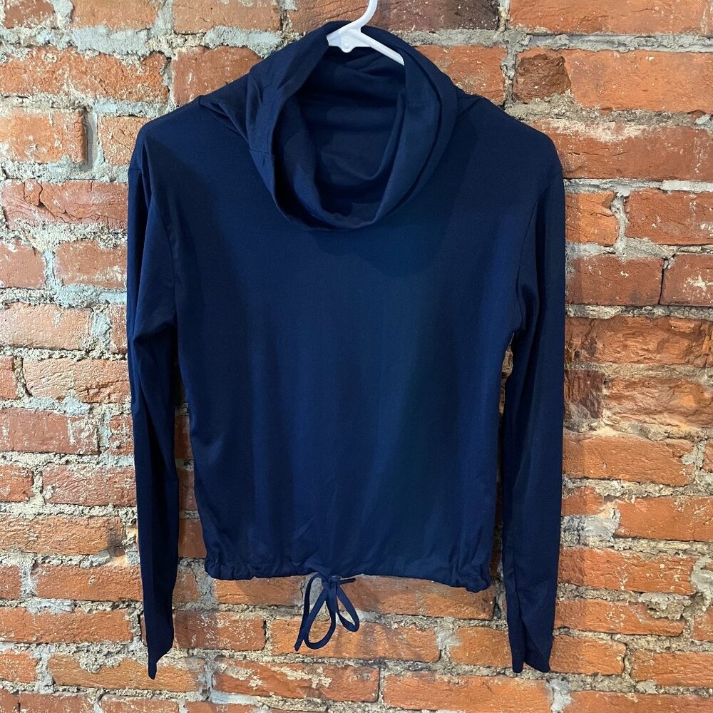 Vintage 1980s Gitano Cowlneck Cinch Waist Navy Blue Turtleneck Blouse Medium